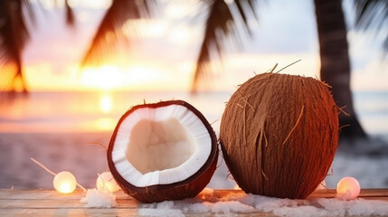 Wall Mural - Bokeh Coconut lit by small LED bulbs wrapped around the trunk with blue sky at dusk in the background. wide holiday panoramic backdrop, generative ai
