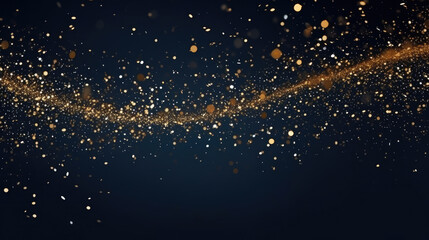 Wall Mural - Abstract Gold glitter confetti or particles on dark blue background. Magical festive backdrop, space for text. Christmas and 2024 New Year holidays background. Gold foil texture.  generative ai