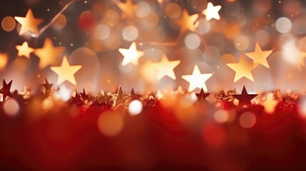 Wall Mural - Star Abstract Decoration Lights, Gold red Sparkles, Shine Blurred New Year Background. Christmas Stars Lights on Abstract red bokeh Defocused Elements. Happy New year 2024, generative ai
