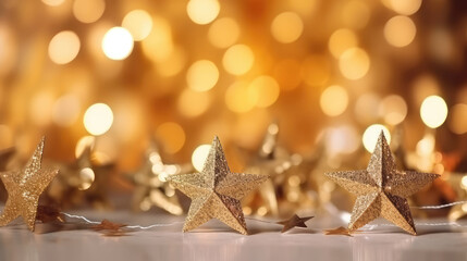 Wall Mural - Star Abstract Decoration Lights, Gold Sparkles, Shine Blurred Background. Christmas Stars Lights With Abstract bokeh Defocused Elements., generative ai