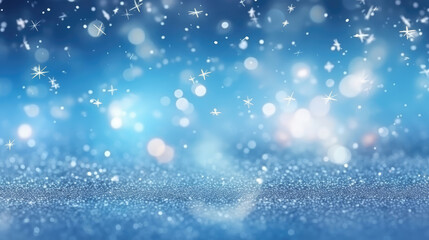 Wall Mural - Magic blue holiday abstract glitter background with blinking stars. Blurred bokeh of Christmas lights., generative ai
