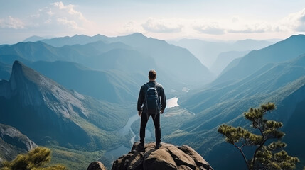 Wall Mural - A man stands on top of a mountain and looks at a breathtaking panoramic view of the mountains. The concept of goals and achievements., generative ai