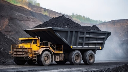 Open pit mine industry, big yellow mining truck for coal anthracite., generative ai