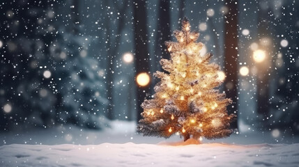 Wall Mural - Illuminated christmas tree in the shining snow at night on shining bokeh backbround. Christmas and New Year holidays background with Snow in vintage style. Happy new 2023 year., generative ai