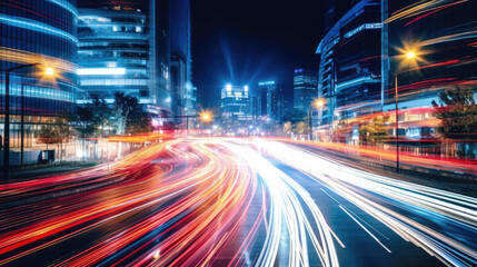 Wall Mural - abstract motion blur city, traffic in central district of city at night. light trails with motion bl