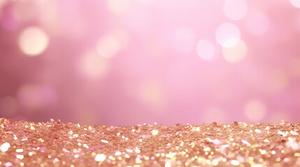 Wall Mural - Abstract luxury sparkly pink holiday background with gold particle. Golden light shine particles bokeh on soft pink background. Gold foil texture. Holiday concept., generative ai