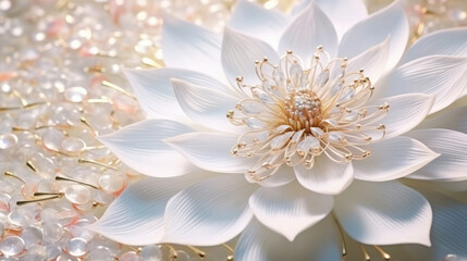 Wall Mural - Lotus white light with pearls on a sparkly background. Close-up of a water lily flower with buds.Image for wedding invitations, packages, and cards. 3D rendering., generative ai