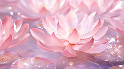 Wall Mural - Lotus pink light with pearls floating on a sparkly background. Close-up of a lotus flower with buds. Image for wedding invitations. 3D rendering, generative ai