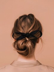 A woman with long brown hair styled in a low bun with a black ribbon bow.