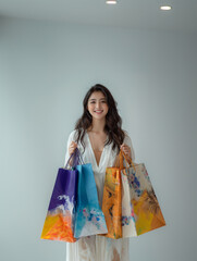 arafed woman holding two shopping bags in front of a white wall