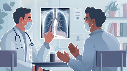 Poster - A medical-themed illustration for World Lung Cancer Day showing an X-ray of healthy and diseased lungs, with a doctor explaining the differences to a patient The scene is set in a modern clinic, with