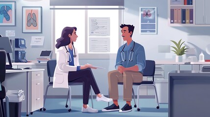 Sticker - An informative illustration for World Lung Cancer Day showing a healthcare professional discussing treatment options with a patient, set against a clean, professional backdrop The scene uses clear,