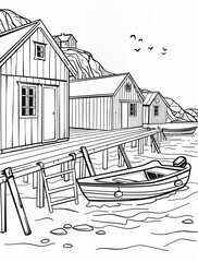 Wall Mural - a drawing of a boat docked at a pier with a house in the background