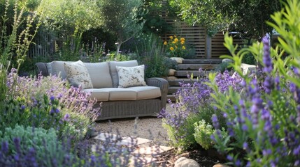 Wall Mural - A cozy sitting area surrounded by fragrant herbs creating a serene atmosphere for relaxation and reflection.