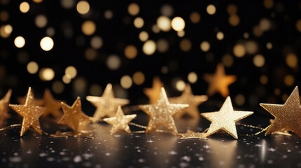 Wall Mural - Golden stars with golden on black background with lighting effect and sparkle. New year, Christmas Bokeh background with gold stars and sparkling. Luxury template,generative ai
