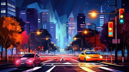Wall Mural - night city life: car and street lamps. colorful night traffic, evening city with traffic lights., generative ai