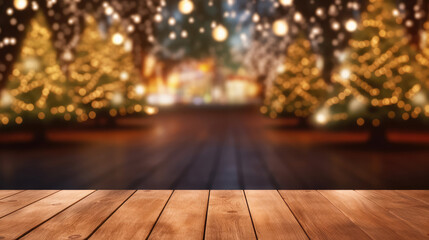 Wall Mural - illuminated Christmas tree in decorated town square. Empty wooden table top with blurred bokeh Christmas Square and snowfall with bokeh light background. Christmas Holidays., generative ai