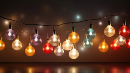 Wall Mural - Abstract christmas led lights on dark background. Blurred glowing light bulb garland, layer for overlays to light up the bulbs. Festive concept background, generative ai