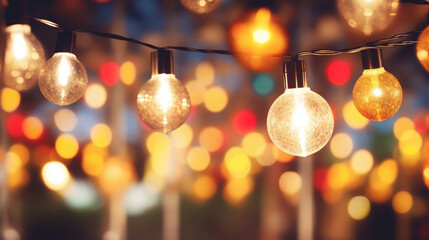 Wall Mural - Nighttime festival background with colorful vintage bulbs, abstract blur, and defocused local market bokeh. Perfect for use as a background image., generative ai