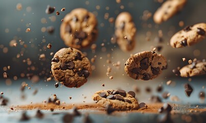 Chocolate chip cookie crumbs and chunks of chocolate floating in the air, Generative AI