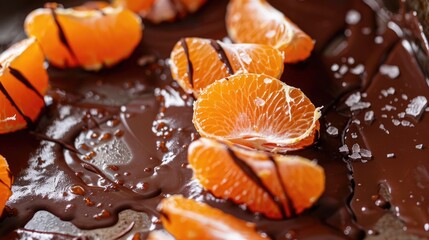 Wall Mural - Close up view of tangerine slices being dipped in melted chocolate
