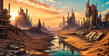 Poster - river through desert sci-fi cyberpunk city at sunset. futuristic dystopian town buildings and tall towers on the horizon. abandoned ghost town oasis.