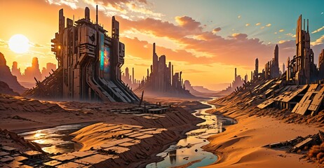 river through desert sci-fi cyberpunk city at sunset. futuristic dystopian town buildings and tall towers on the horizon. abandoned ghost town oasis.