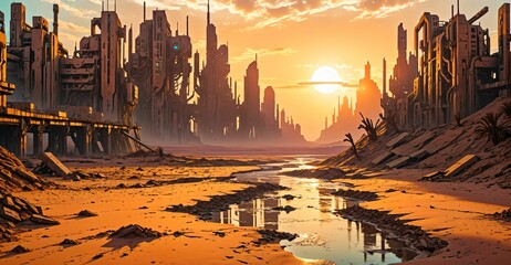 Wall Mural - river through desert sci-fi cyberpunk city at sunset. futuristic dystopian town buildings and tall towers on the horizon. abandoned ghost town oasis.