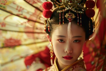 Portrait of a beautiful young chinese woman posing in traditional clothing and makeup