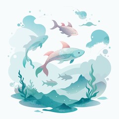 Soft and dreamy watercolor artwork of fish swimming in misty aquatic environment, isolated on white background., watercolor, aquatic, fish, misty