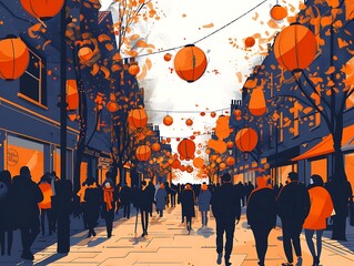 Sticker - Illustration capturing the festive atmosphere of Orangemen's Day (The Twelfth) with orange-themed decorations and parades, designed with ample copy space for text, sharp focus, and clear light, high