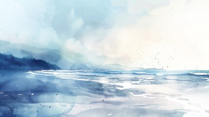 Wall Mural - Soft light on a tranquil beach, gentle waves, soothing background, fluid motion, relaxing silhouettes, watercolor