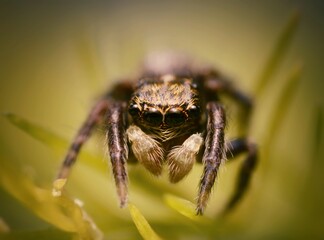 Salticidae Jumping - small spider stoped on top of a plant whit a golden and yellow background