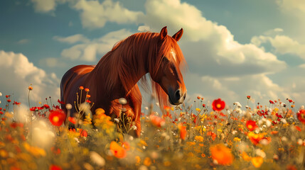 Red horse with long mane in flower field against sky