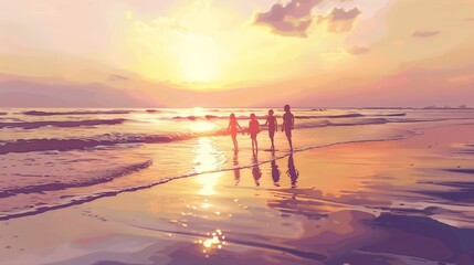 Wall Mural - Silhouettes enjoying a calm beach, soft light, gentle waves, fluid motion, soothing background, illustration