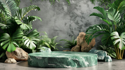 Wall Mural - Tropical foliage and stone platform in serene jungle setting. Copy space. Generative AI	