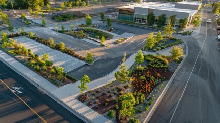 Wall Mural - An aerial view of a parking lot and street featuring green infrastructure with rain gardens and permeable pavement