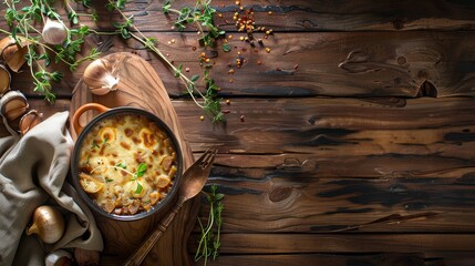 Sticker - A bowl of French onion soup with melted cheese sits on a rustic wooden table