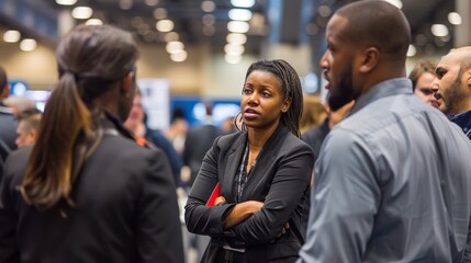 Wall Mural - A group of diverse professionals engage in conversation at a crowded career fair, showcasing the vibrancy and opportunities present at such events
