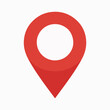 © Hogr - A red location pin icon. The pin is designed with a rounded top, resembling a location marker, and a pointed bottom, indicating direction. It is set against a white background.