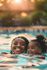 Wall Mural - Happy smiling black african american mother and daughter swimming on summer vacation holiday