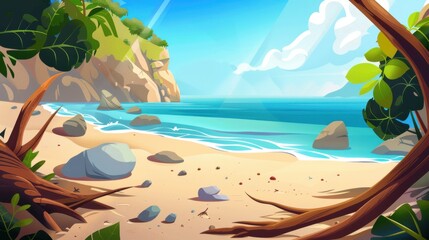 Wall Mural - Empty Tropical Beach Scene with Ocean and Rocks on Sand. Paradise Island Landscape Illustration. Ideal Background for Summer, Vacation, and Travel Concepts.