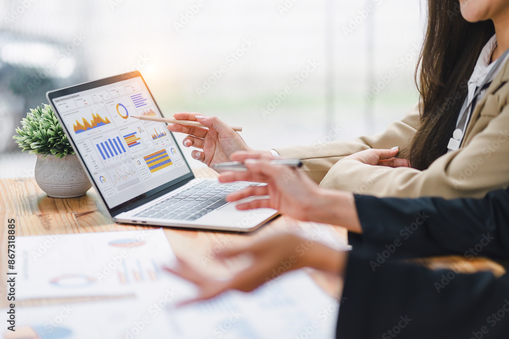 Two professional analyzing financial data graphs, charts on laptop ...