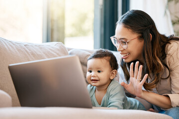 Mother, baby and laptop on couch for video call, greeting and online communication in home. Mama, infant child and computer for virtual conversation, bonding together and development with hello wave