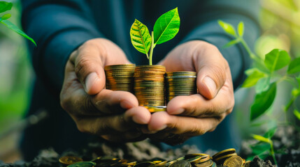 Wall Mural - Close-up of hands holding a money tree sprout, signifying the growth of the financial industry. Coins from which the plant grows. Ecology and business concept.