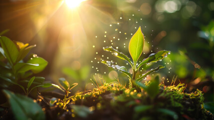 Macro photo of green plants in the wild. The process of photosynthesis in nature. Small green plants after the rain. Ecology, nature concept.