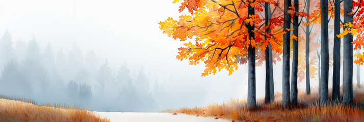 Wall Mural - A watercolor illustration of a misty forest path in autumn with fiery red and golden leaves bright simple watercolour 