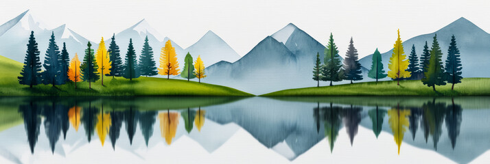 Wall Mural - A watercolor illustration of a tranquil alpine lake reflecting snowy mountain peaks and vibrant evergreen trees bright simple watercolour 