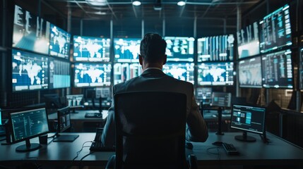 Wall Mural - A Cybersecurity Professional sits in a control room, facing multiple large screens displaying data and code