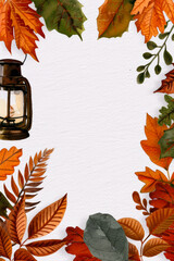 Sticker - Autumn watercolor frame with glowing lantern and scattered amber leaves cozy warm tones watercolour illustration 